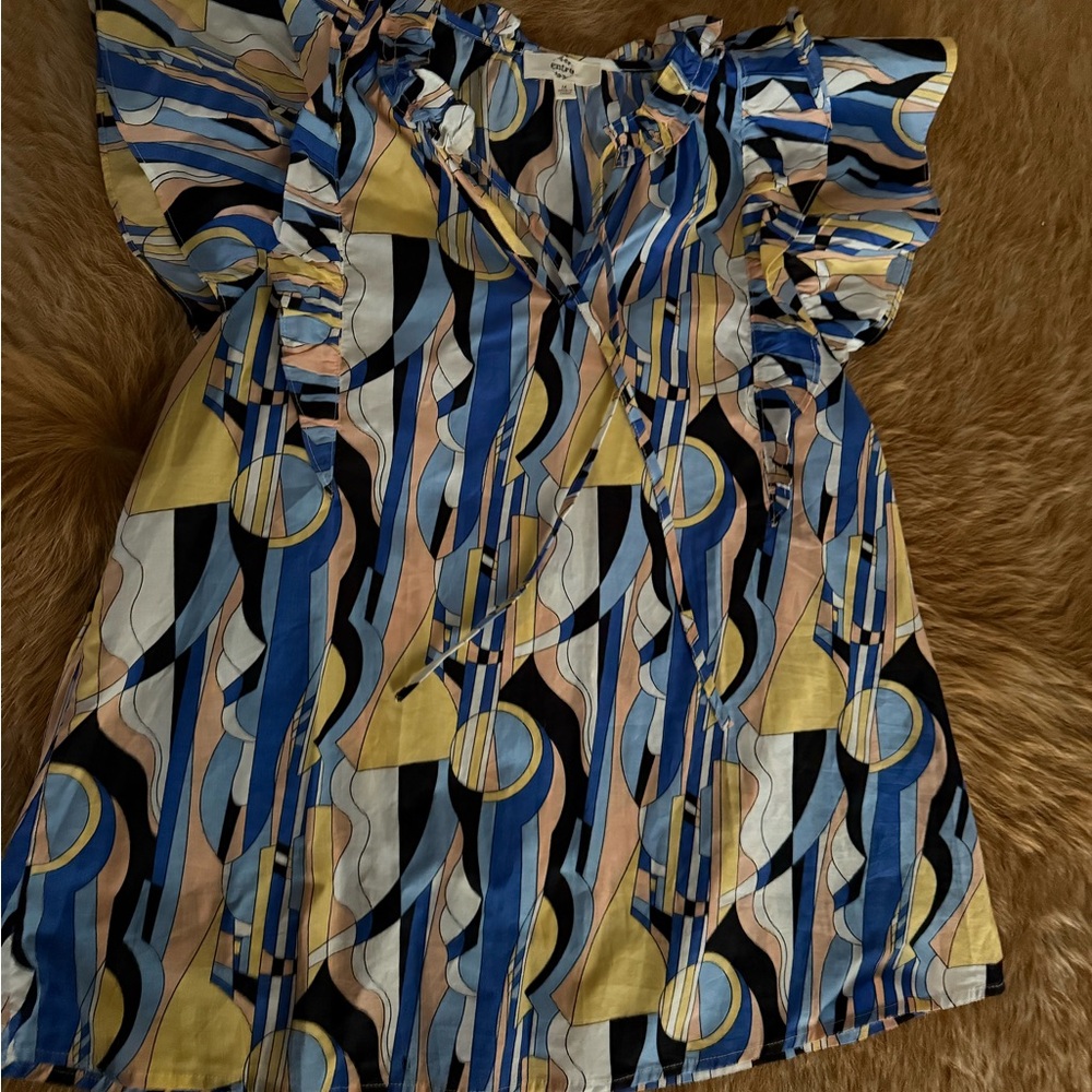 entro Geometric Print Ruffle-Sleeve Blouse in Blue, Yellow, Black, Cream